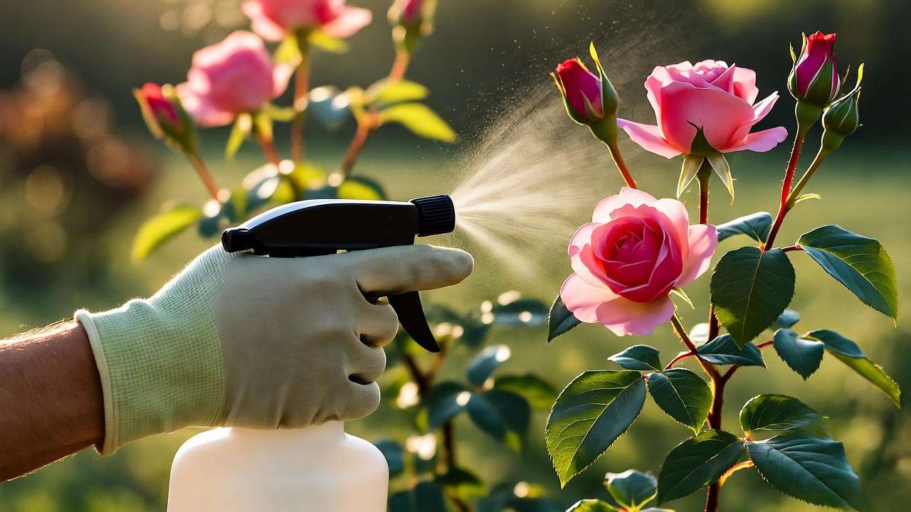 Gardener in gloves spraying a rose bush with a natural organic $\text{rose plant spray}
