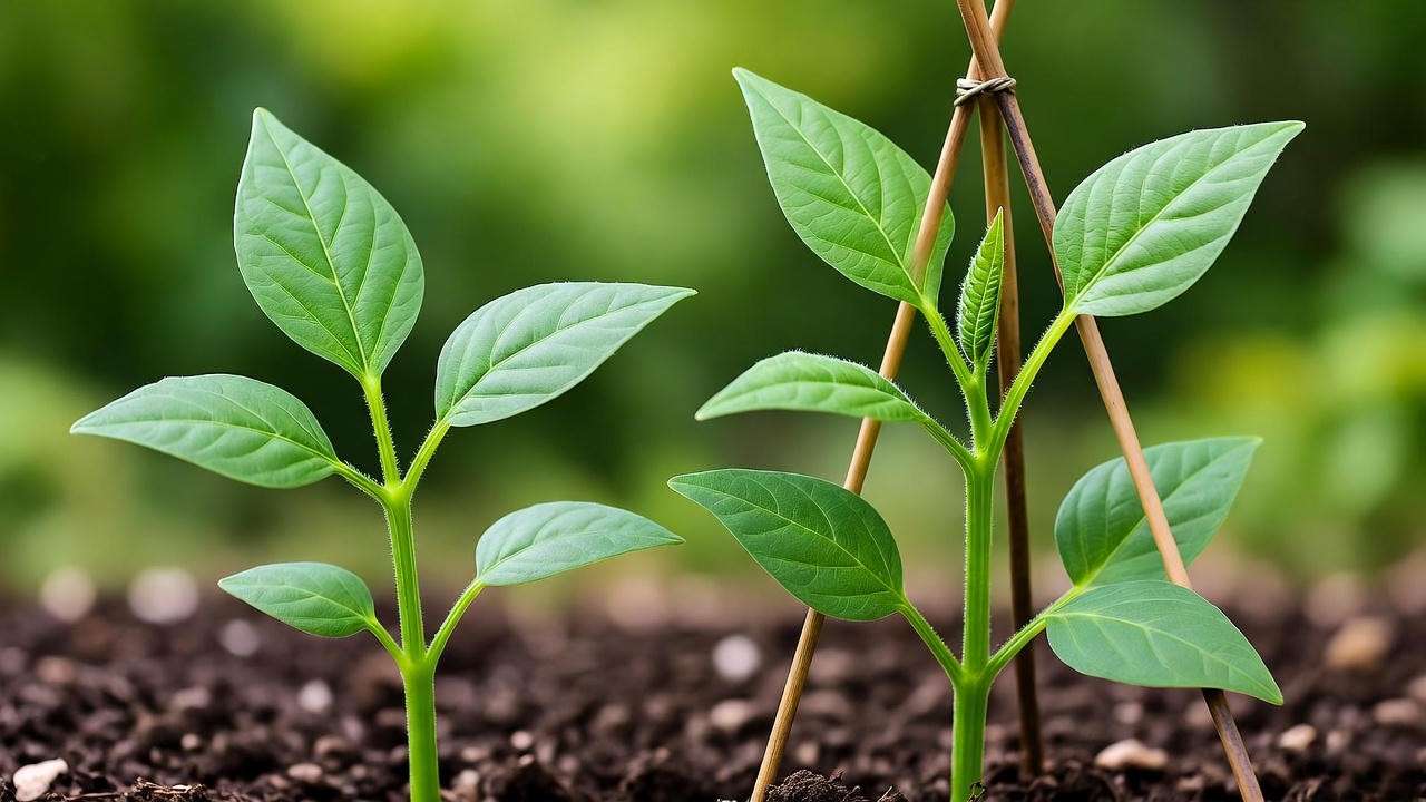 Bush vs pole bean seedlings comparison with teepee trellis for variety selection