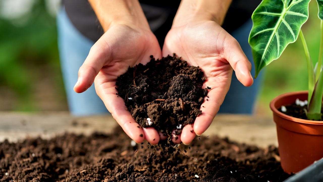 Hands preparing a well-draining soil mix for an Alocasia plant