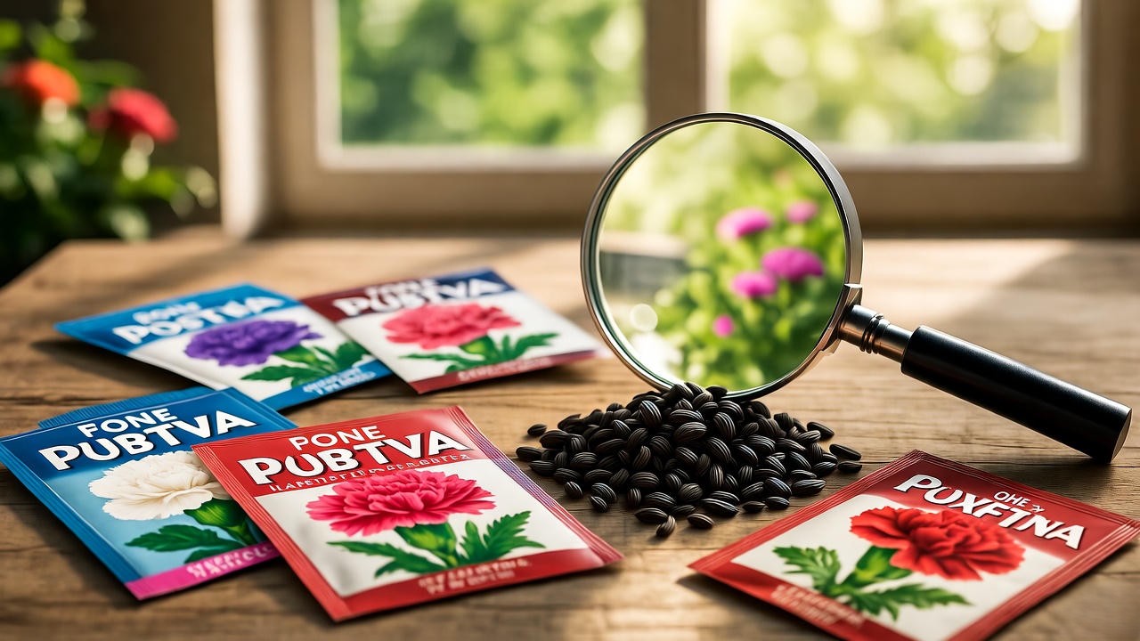 Close-up of colorful carnation seed packets and tiny seeds on a wooden table with a magnifying glass, garden background.