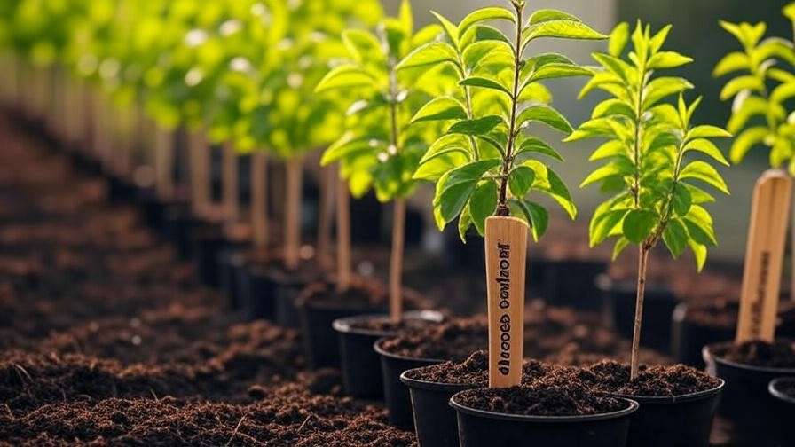 Cherry tree saplings of various disease-resistant varieties in a nursery
