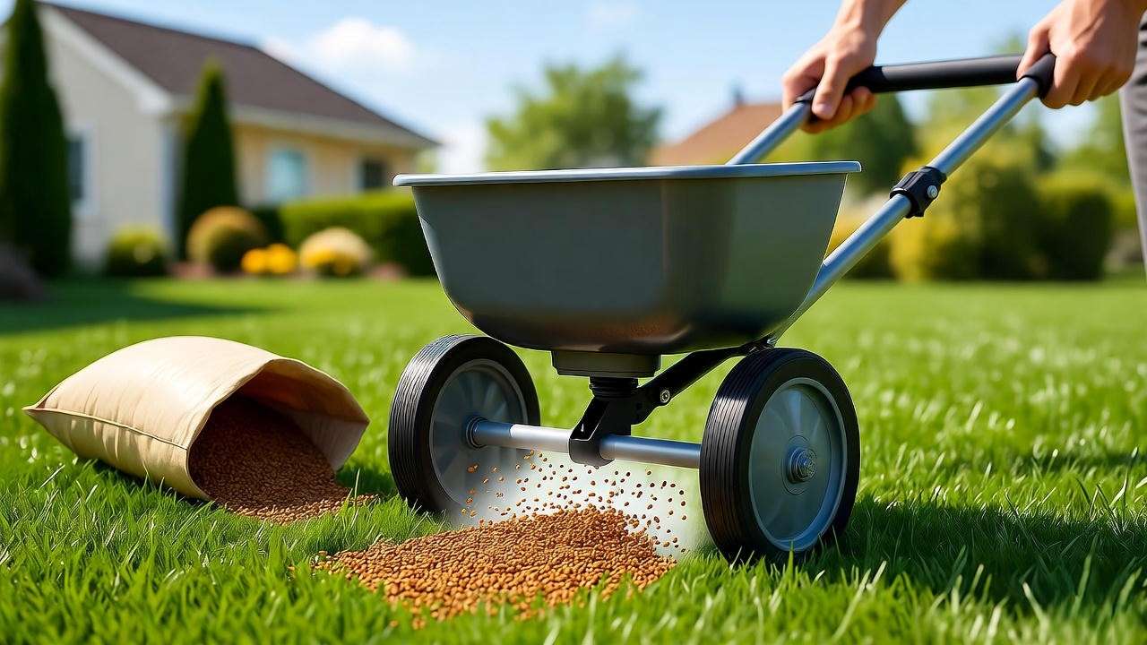 Gardener applying fertilizer to lush grass plants in a vibrant lawn using a broadcast spreader.