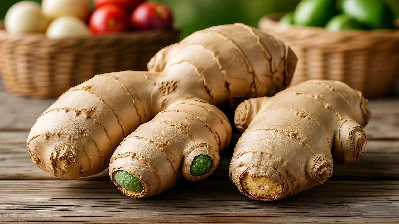 Close-up of fresh ginger rhizomes with green growth buds on a wooden surface, ideal for planting ginger, in a farmer’s market setting.”