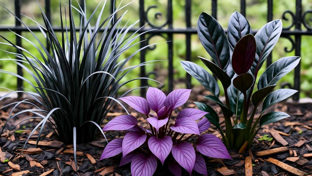 Close-up of Black Mondo Grass, Purple Heart, and Raven Zz Plant in a gothic garden bed with wrought-iron fence."