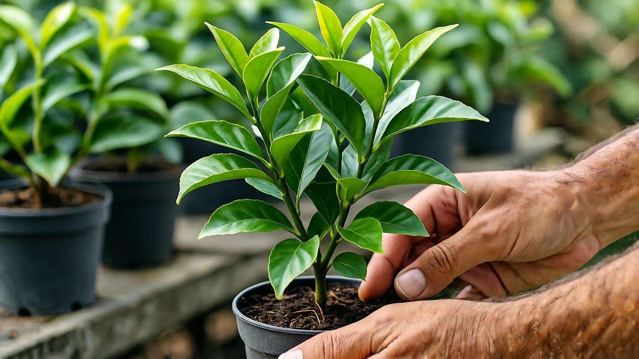 Gardener checking a healthy kaffir lime plant with vibrant leaves in a nursery setting."