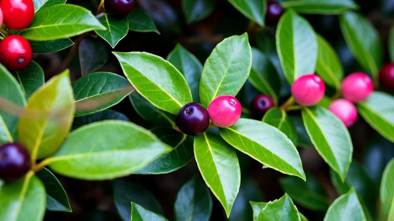 Close-up of diverse lilly pilly plant varieties with glossy green leaves and colorful berries in a garden."