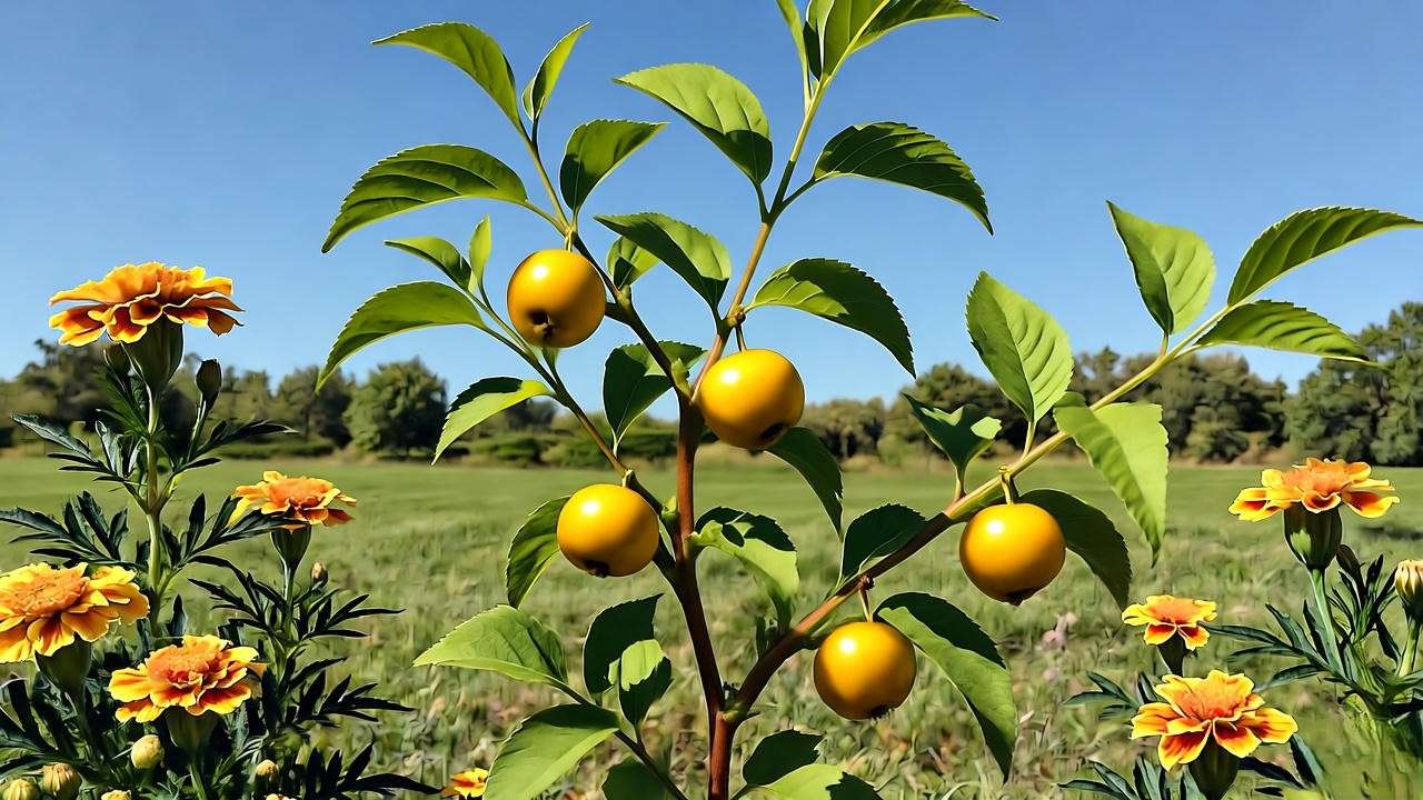 "Golden berry plants thriving in a sunny garden with marigold companion plants."