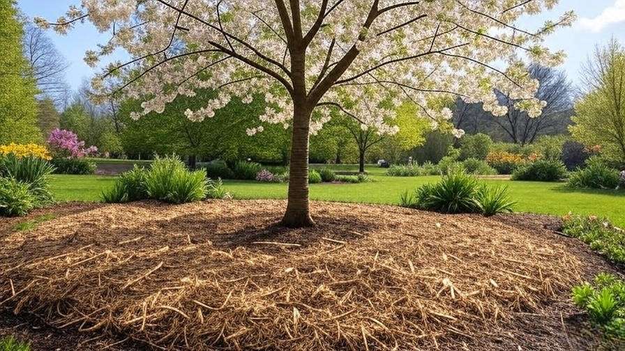 Cherry tree with wood chip mulch ring and clear trunk gap".
