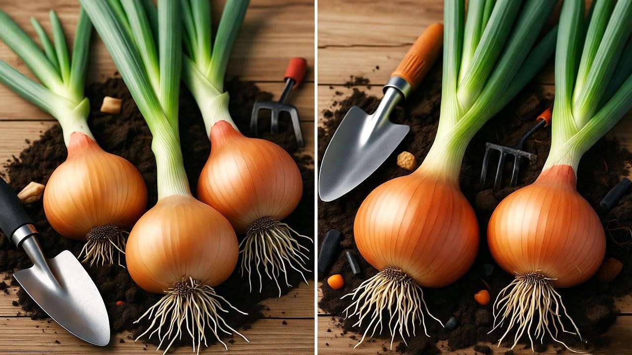 "Comparison of short-day and long-day onion bulbs with gardening tools"
