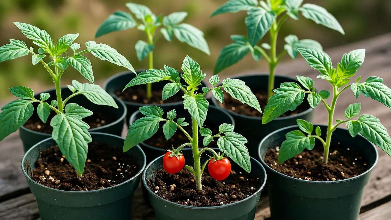 Compact patio tomato varieties including Tiny Tim and Patio Princess seedlings in pots for small-space gardening.