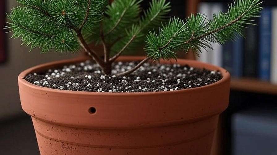 Close-up of a potted pine tree with well-draining soil in a terracotta pot for indoor care."