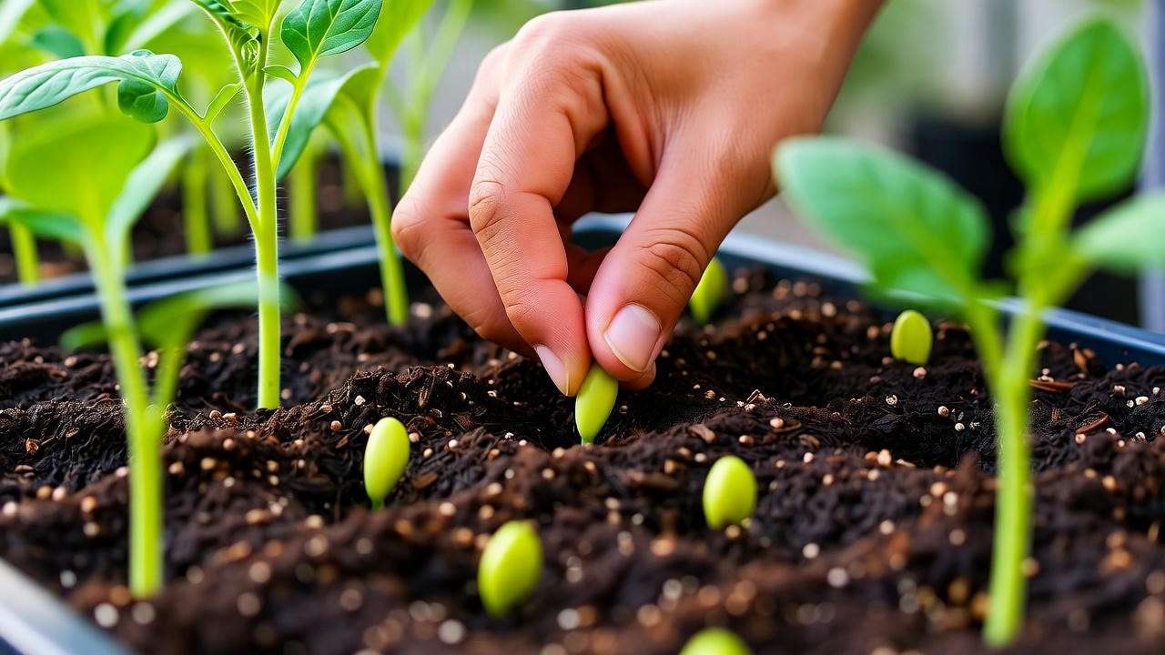 Close-up of hands planting pineapple tomato seeds and seedlings in a tray with rich soil and green leaves."