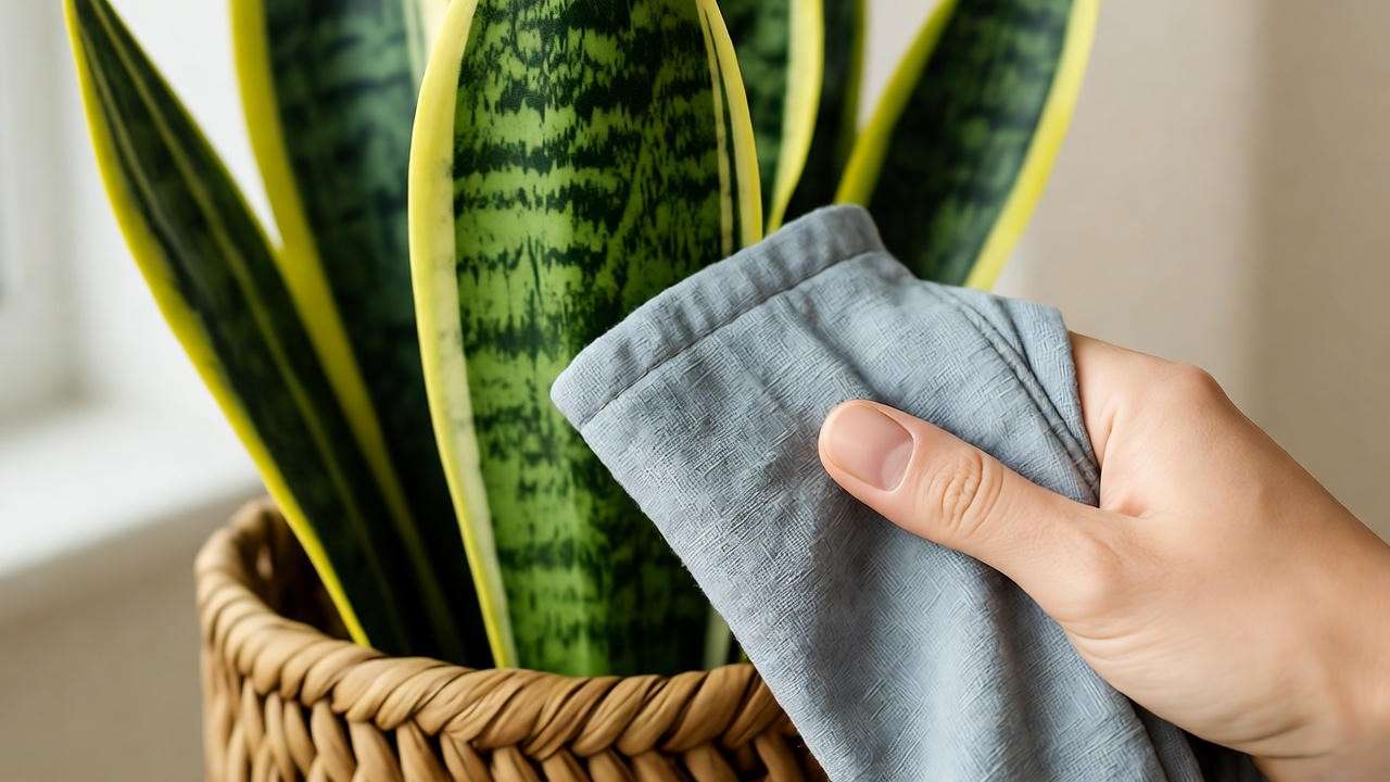Close-up of faux snake plant cleaning with soft cloth, woven basket."