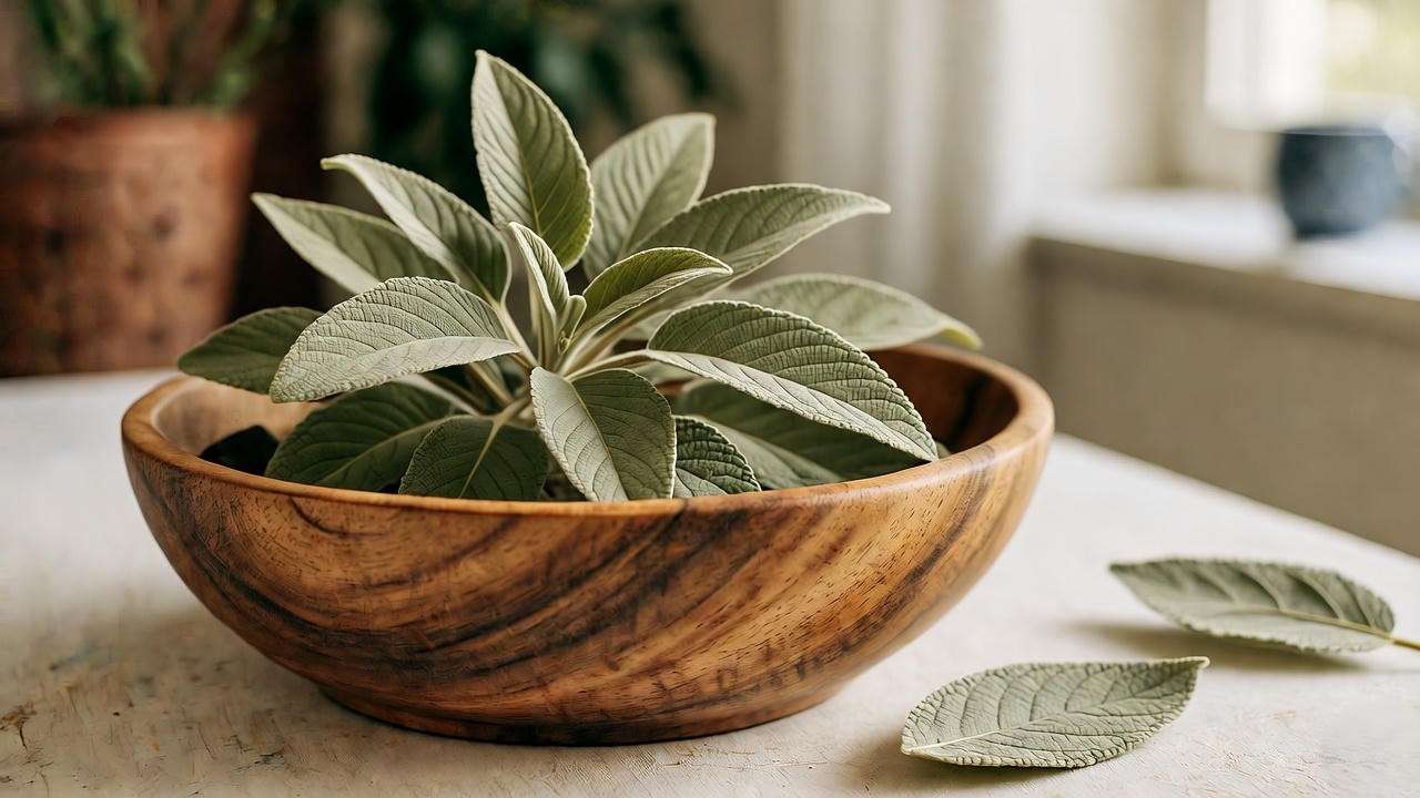 Dried Cleveland Sage leaves in a rustic bowl for aromatherapy in a cozy indoor setting."