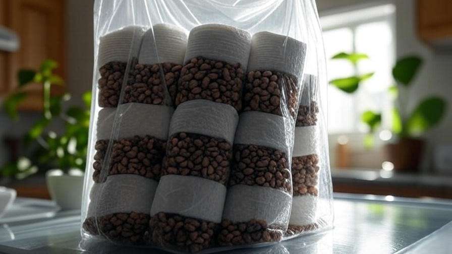 "Close-up of cherry seeds in a damp paper towel inside a plastic bag for cold stratification on a refrigerator shelf".
