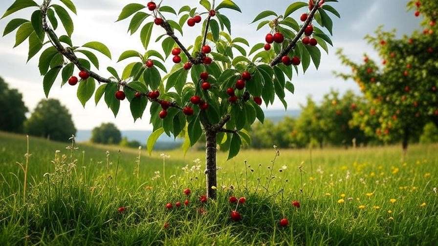 "Cherry tree with ladybugs on leaves in an organic pest control garden".