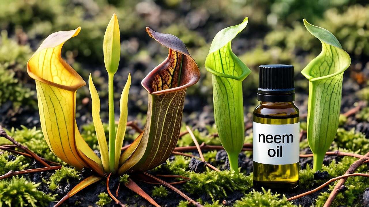Cobra lily plant with yellowing and healthy pitchers next to a neem oil bottle for pest control.