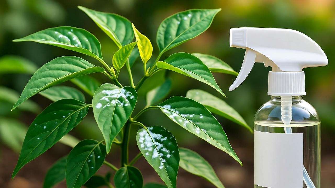 Thai chili plant with powdery mildew and a spray bottle of organic solution."