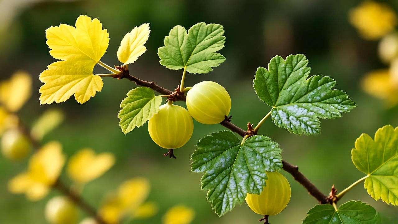 Close-up of yellow gooseberry leaves with powdery mildew and healthy leaves in a garden."