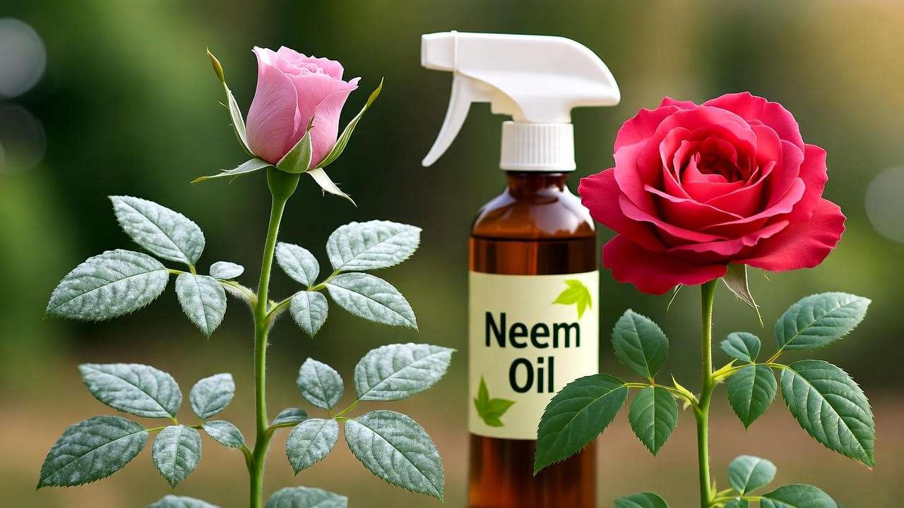 "Damask rose plant with powdery mildew and healthy plant with neem oil bottle."