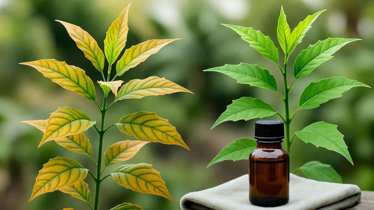 Japa plant with yellow leaves and neem oil for pest control."