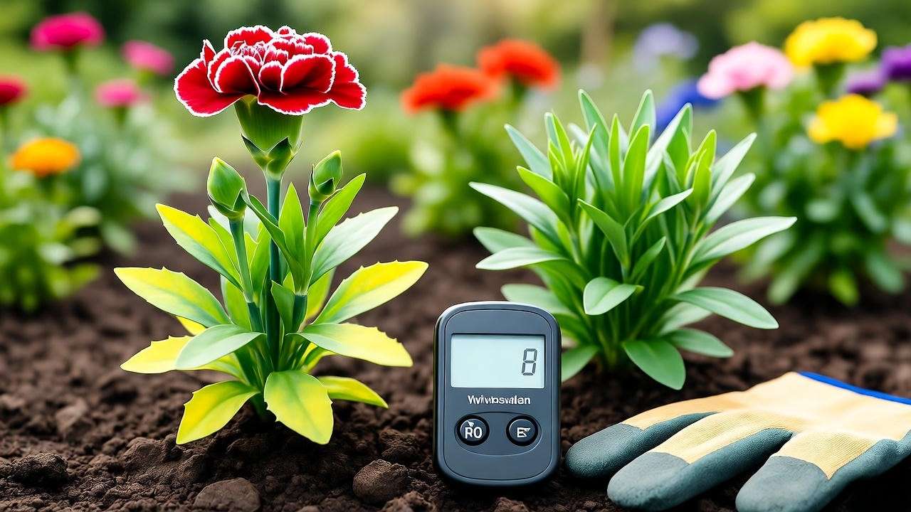 Comparison of overwatered and healthy carnation plants with a soil moisture meter."