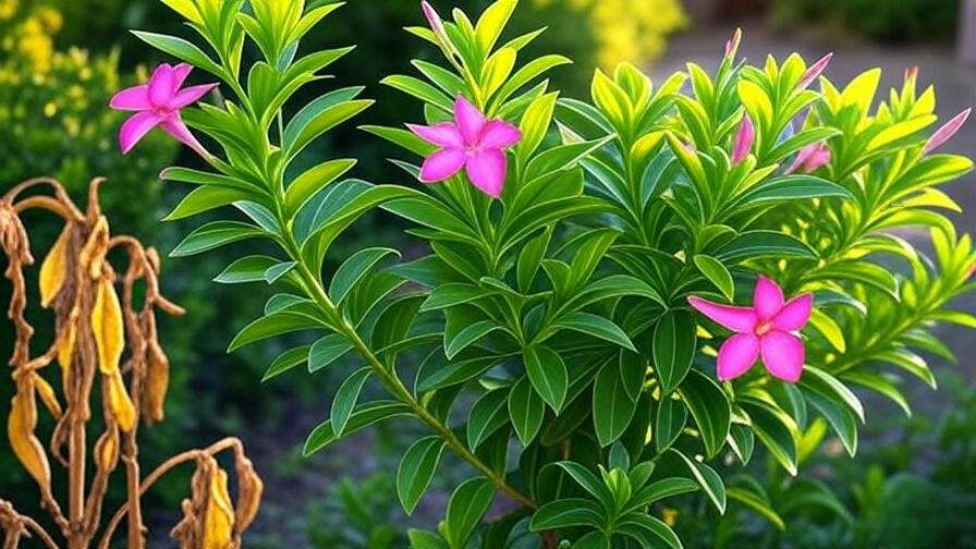 Healthy dipladenia plant next to wilted plant for contrast