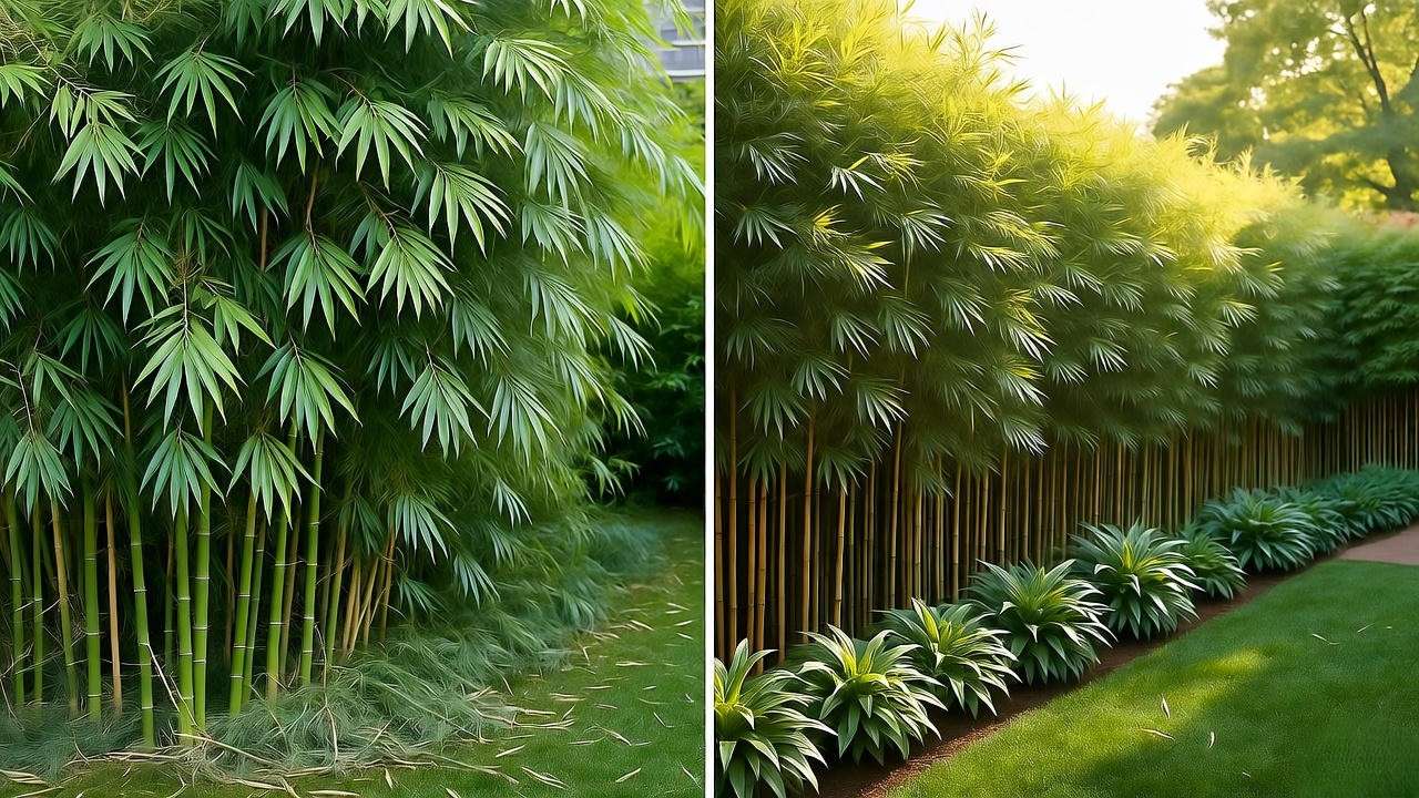 Before-and-after of overgrown bamboo to tidy privacy screen with root barriers".