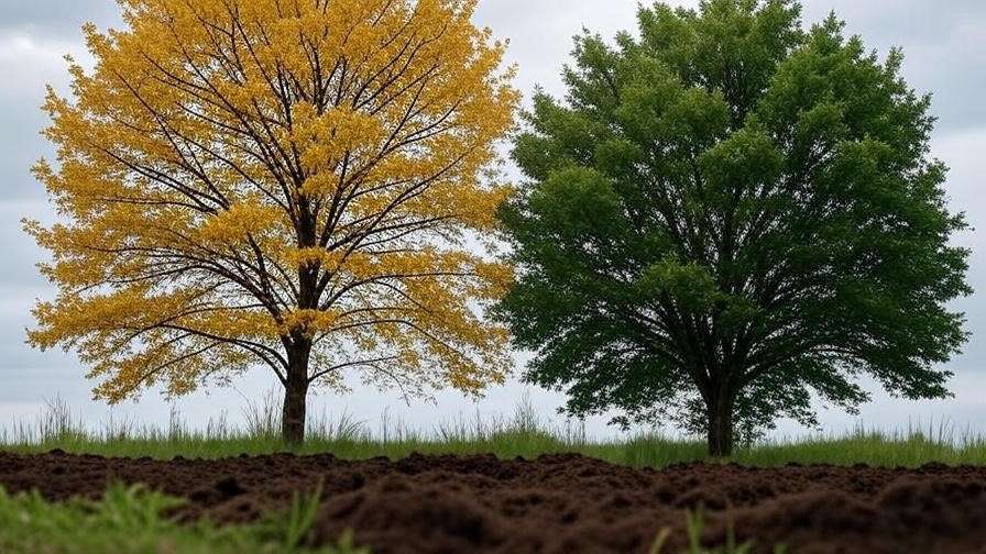 Overwatered tree with soggy soil next to a healthy tree in a garden"