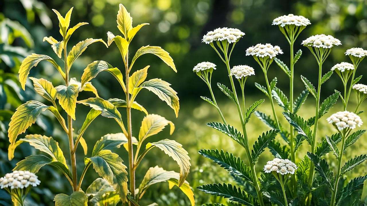 Contrast of overwatered and healthy yarrow plants in full sunshine."