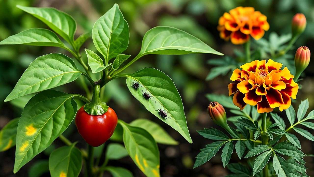 Cherry hot pepper leaves with aphids and marigold companion plants.