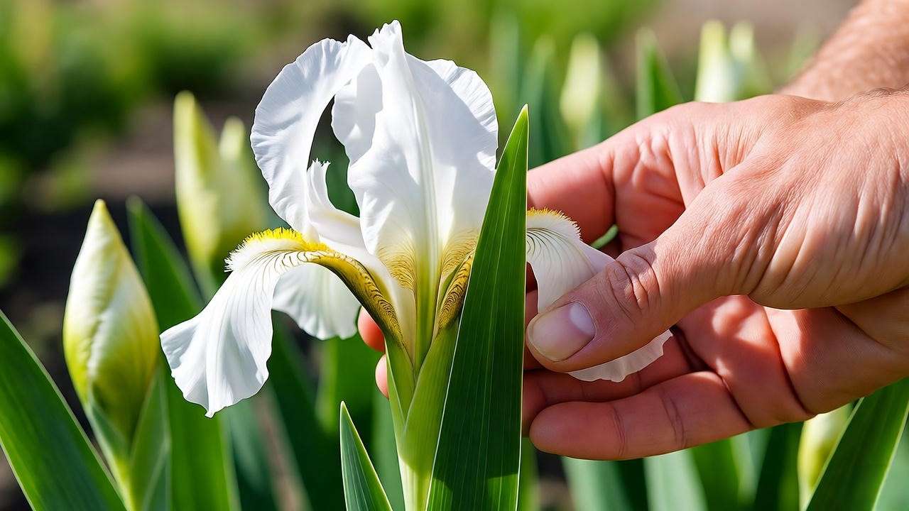 Gardener inspecting white iris leaves for pests like iris borers".