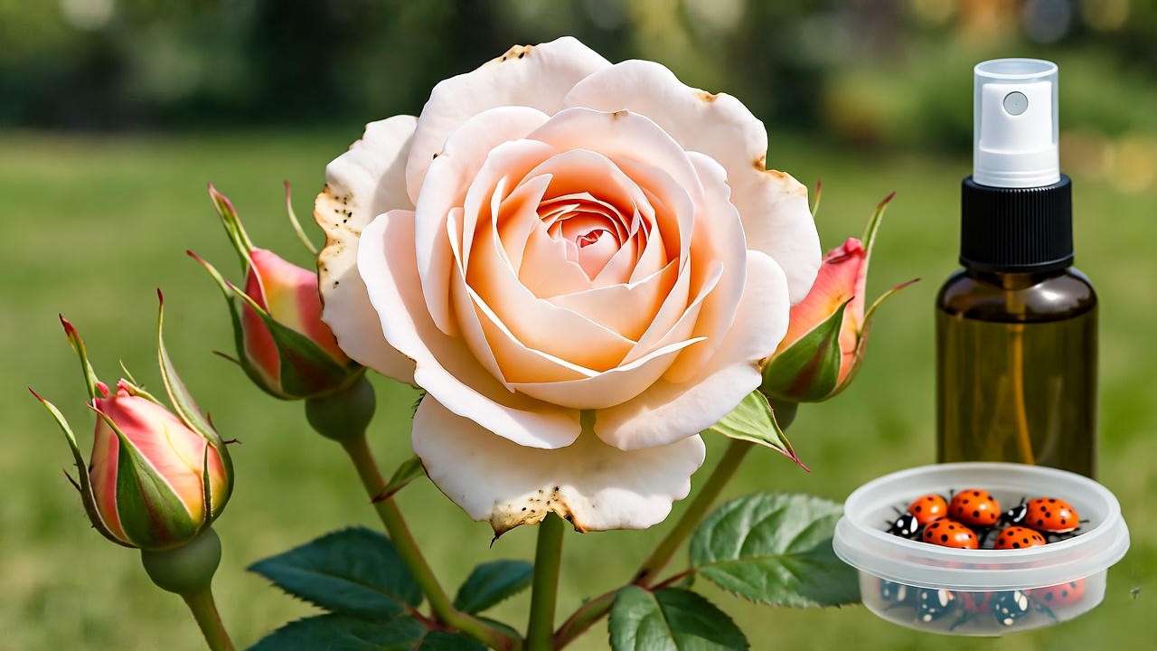 Earth Angel Rose Plant with aphids and organic pest control items in a garden."