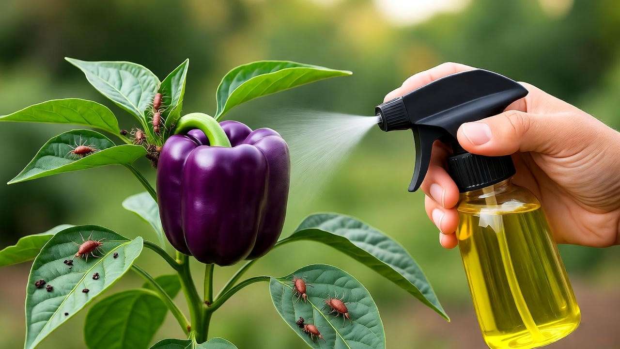 Purple bell pepper plant with aphids and spider mites treated with neem oil spray
