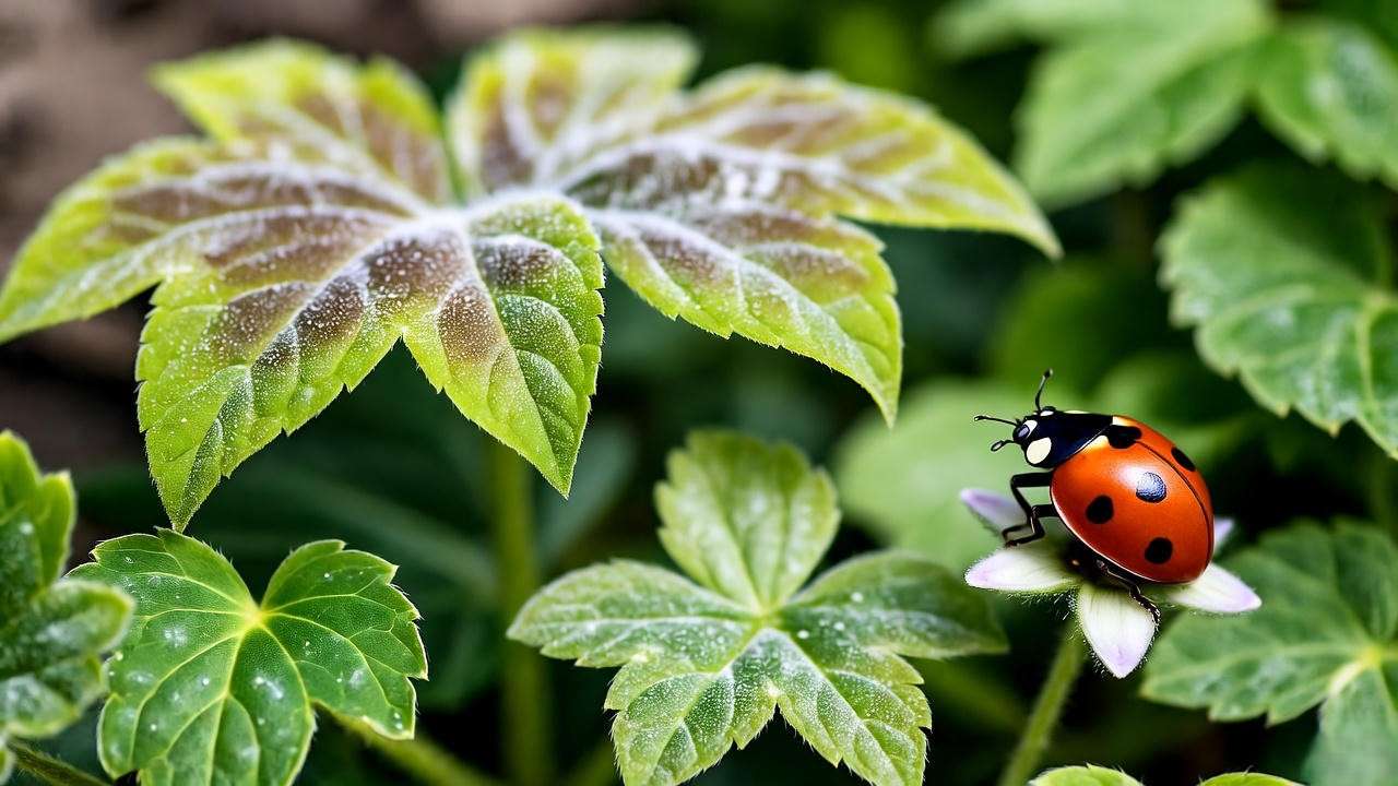 Canterbury bells leaves with powdery mildew and a ladybug on a healthy flower."