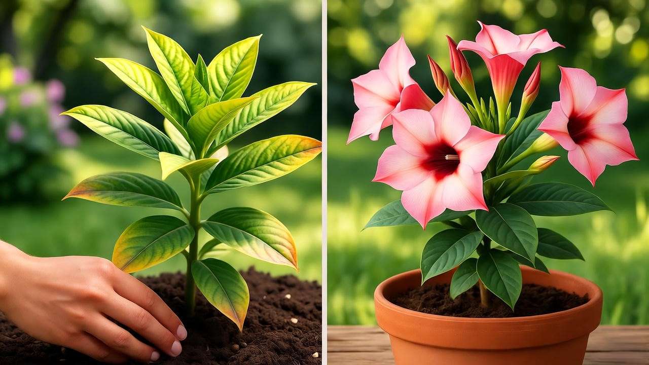 "Dipladenia plant with yellowing leaves next to a healthy plant with a gardener checking soil for pests."