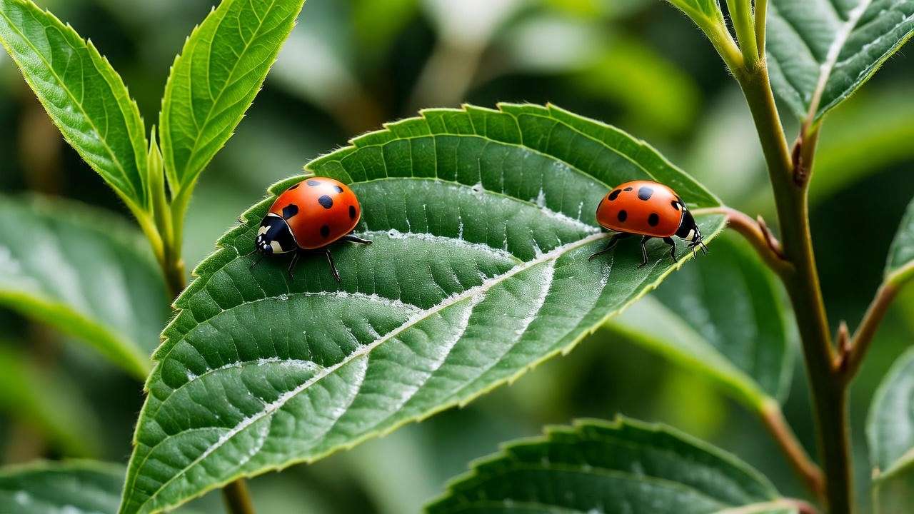Applying neem oil to a cascara plant leaf for organic pest control."