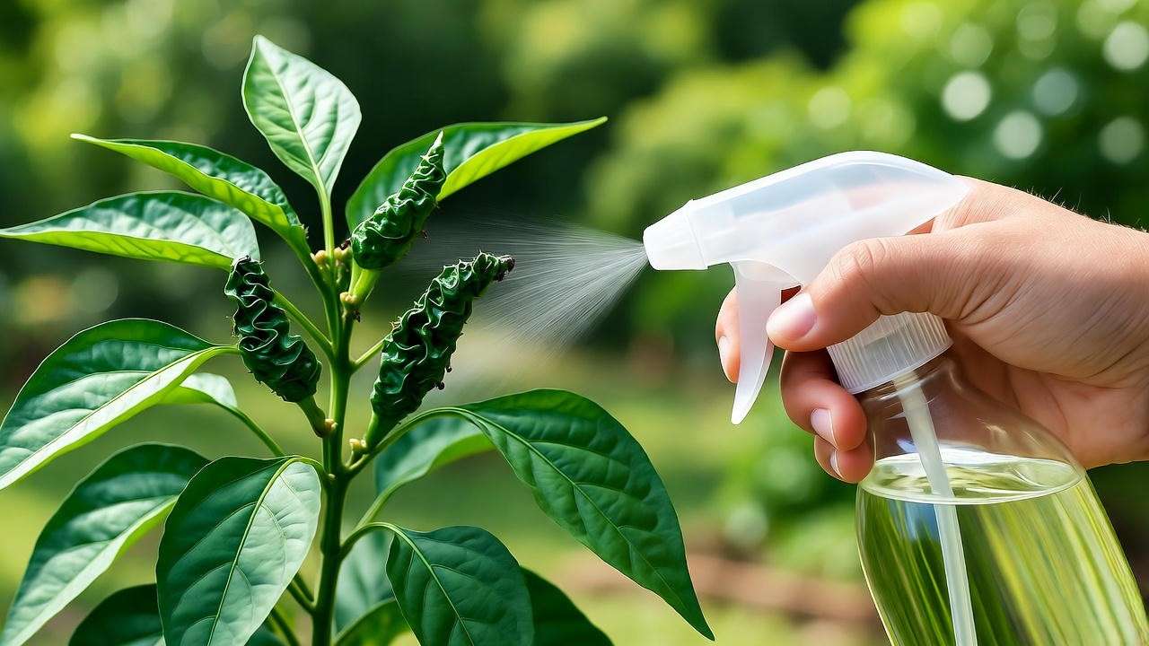 Hand spraying neem oil on hot banana pepper plant to control aphids."