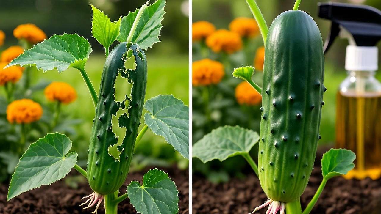 Close-up of pickling cucumber plants with pest damage and natural pest control elements."