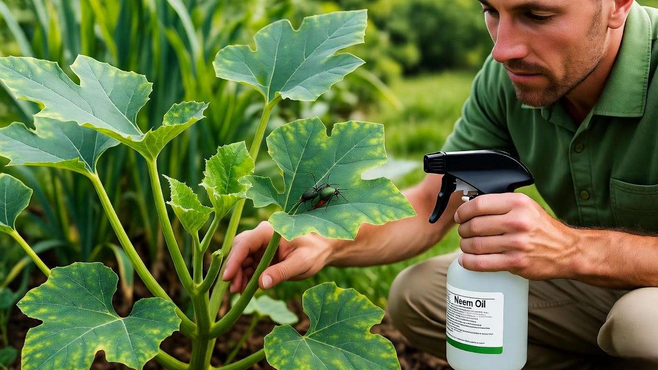 Gardener inspecting butternut squash plant for pests with neem oil spray."