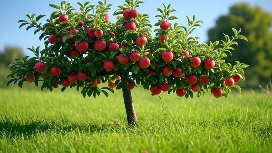Pixie Crunch apple tree with sticky red sphere traps for apple maggot control in a lush garden."
