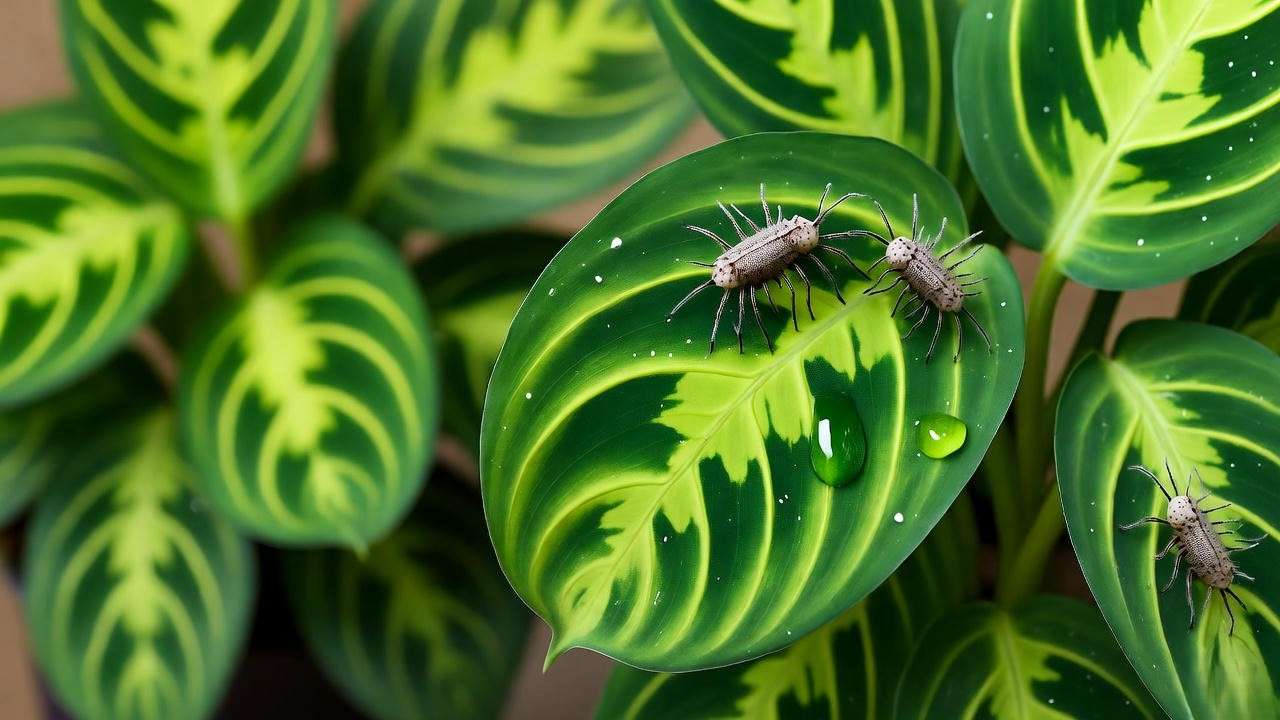 Treating spider mites on Lemon Lime Prayer Plant with neem oil."