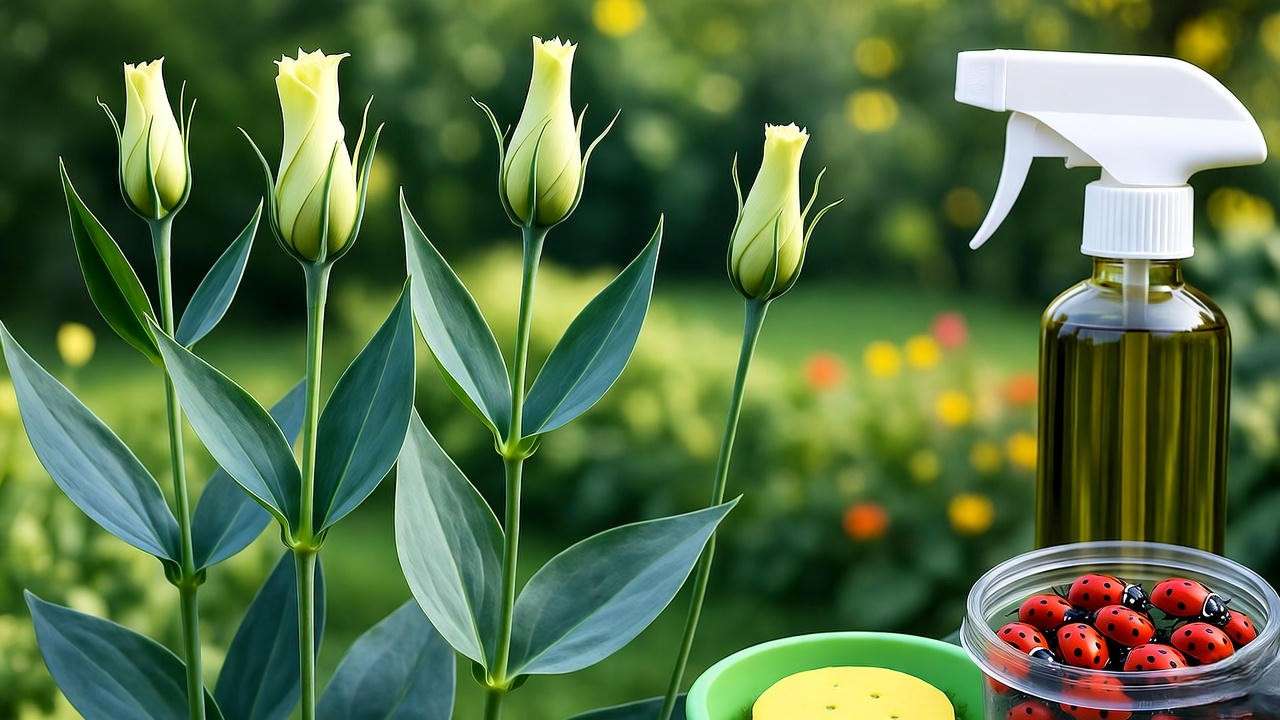 "Lisianthus plants with pest damage and organic pest control tools like neem oil."