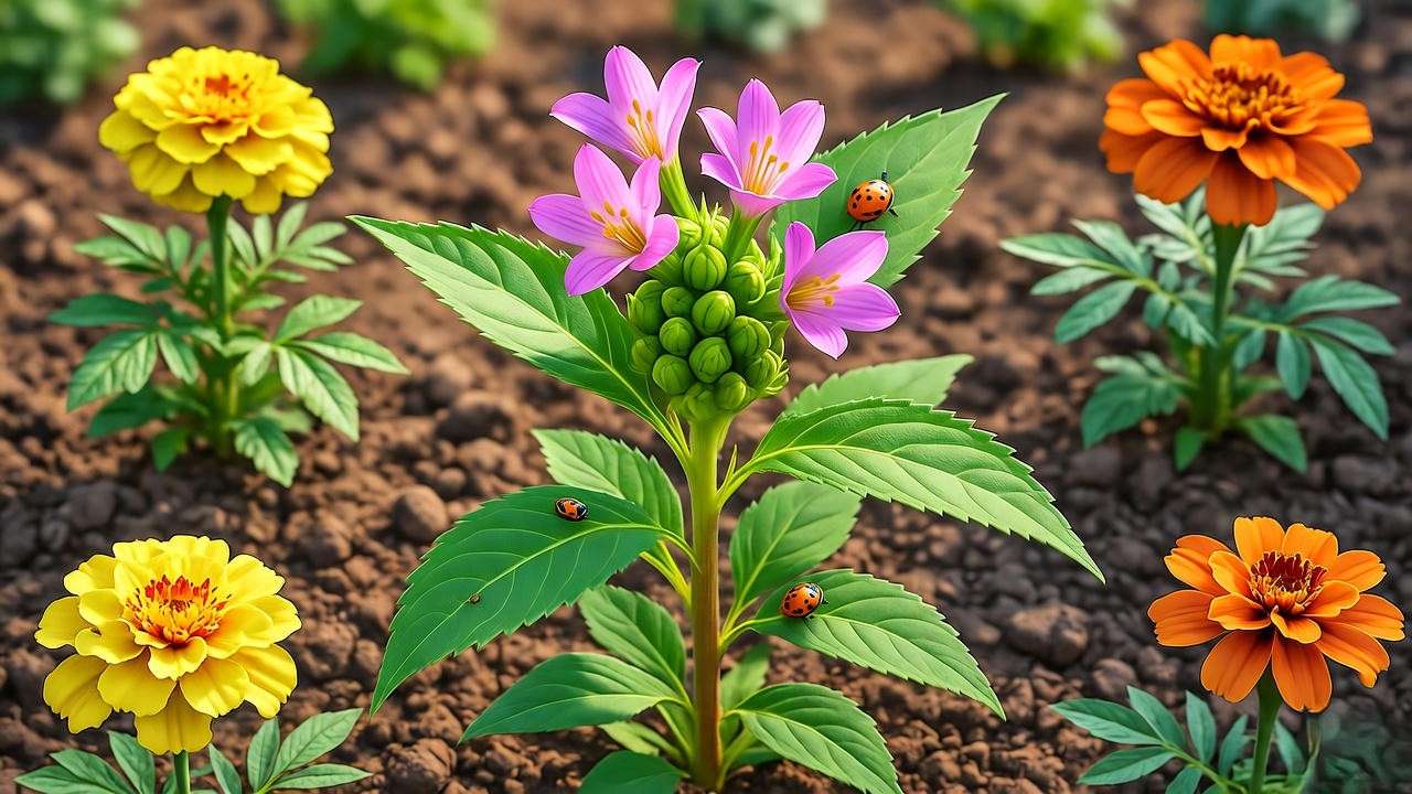 Healthy gingelly plant with pink flowers and marigolds, ladybugs in a sustainable garden.