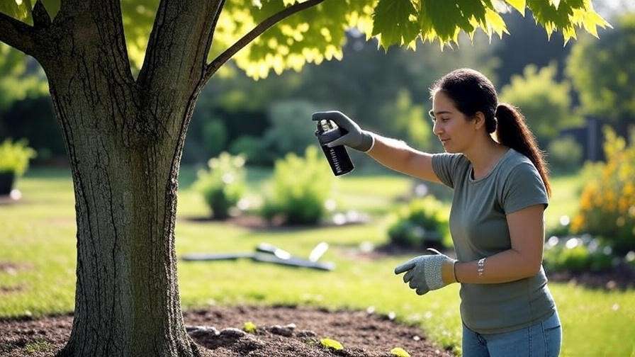 Person applying neem oil to a Princeton Gold Maple Tree with pest-damaged leaves in a garden."