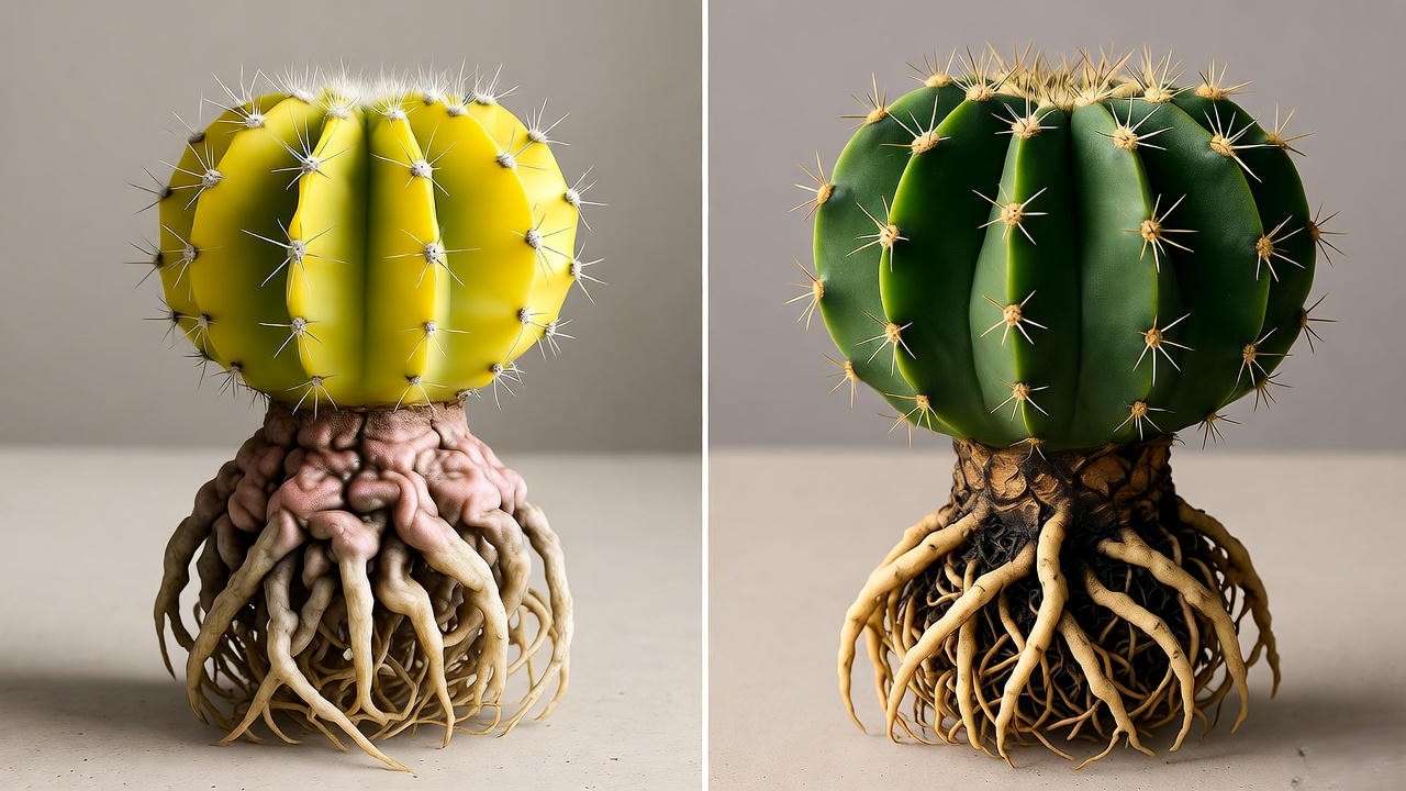 Before-and-after of a brain cactus recovering from overwatering with trimmed roots in fresh soil.