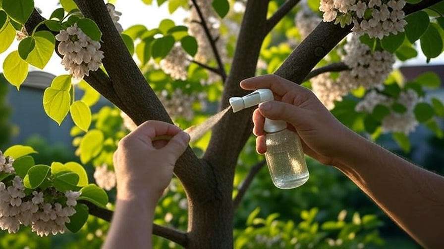 Gardener applying neem oil to a white redbud tree with blossoms for pest control"