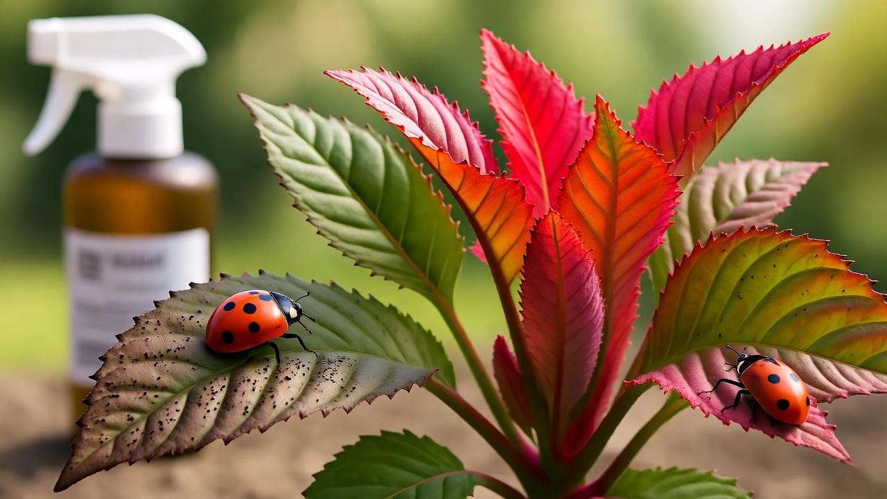 Dragon’s Breath plant with pest damage and healthy plant with neem oil and ladybugs in background."