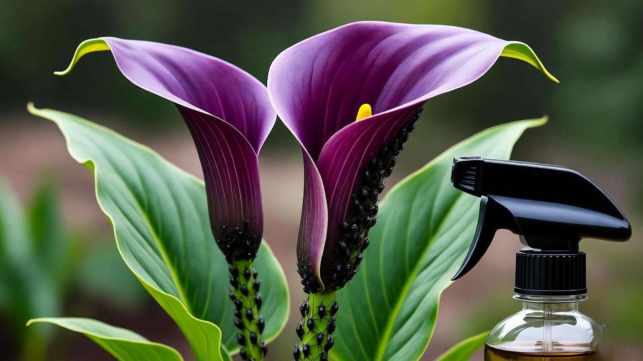 Purple calla lily plant with aphids on stems and leaves, showing organic neem oil spray application in a garden."