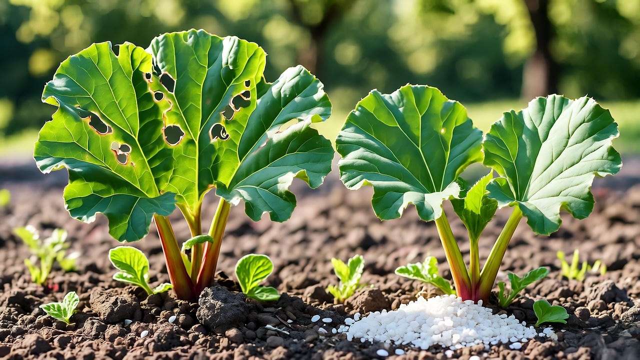 Wild rhubarb plant with pest damage next to a healthy plant with organic pest control materials."